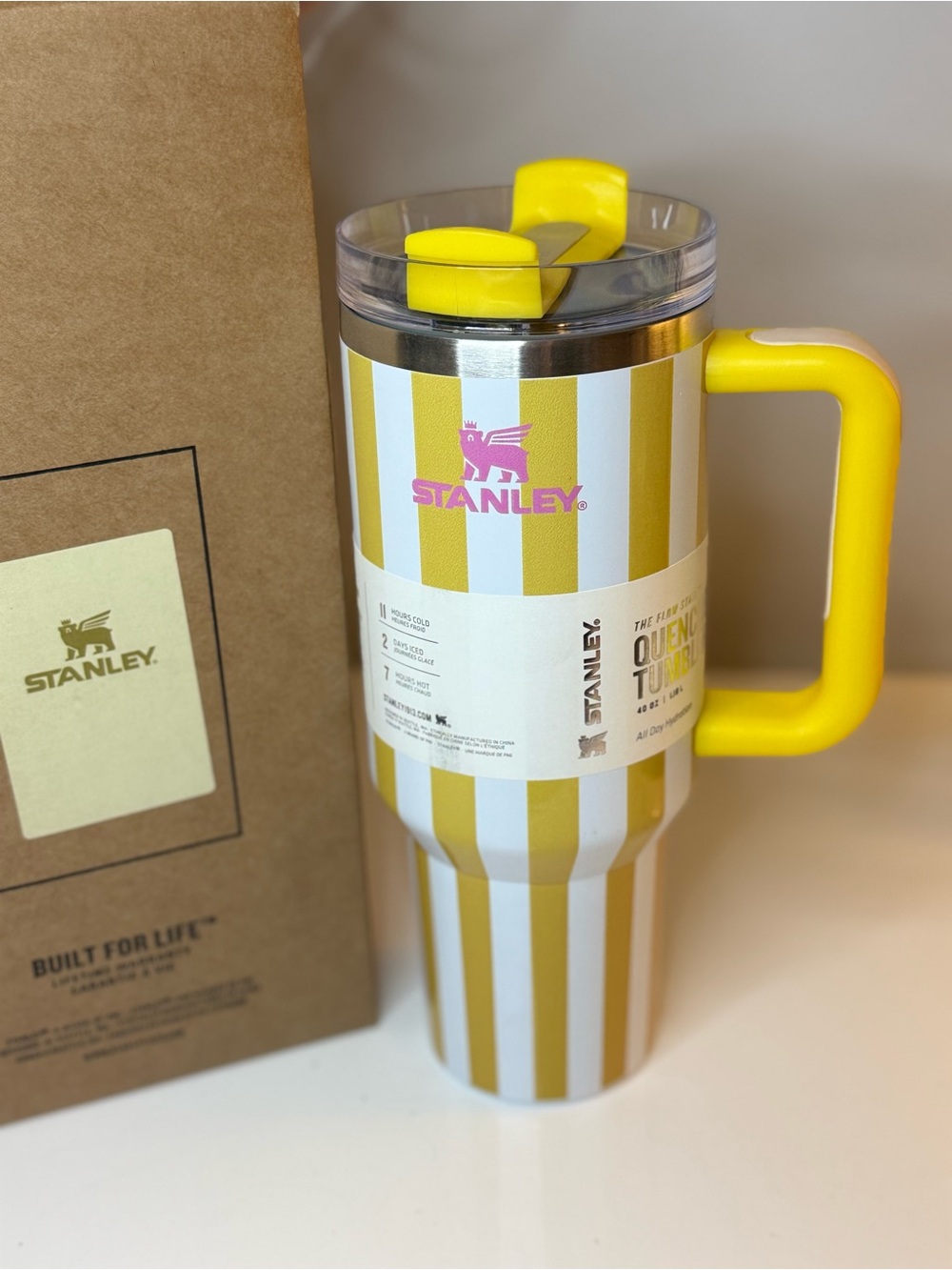 New! Stanley Quencher Yellow & White Striped Tumbler with Handle 40 OZ
